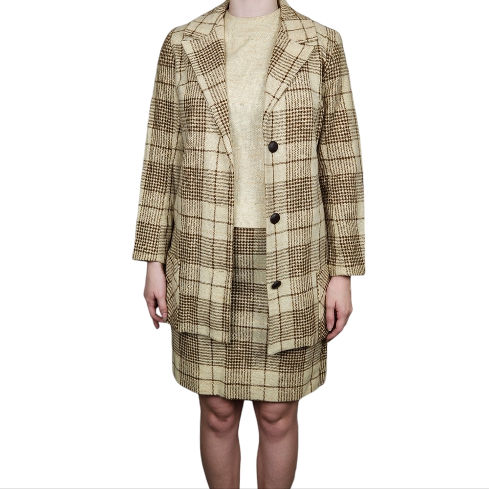 Vintage Henri 70's Tan Brown Plaid Three Piece Skirt Set Women's Size 4